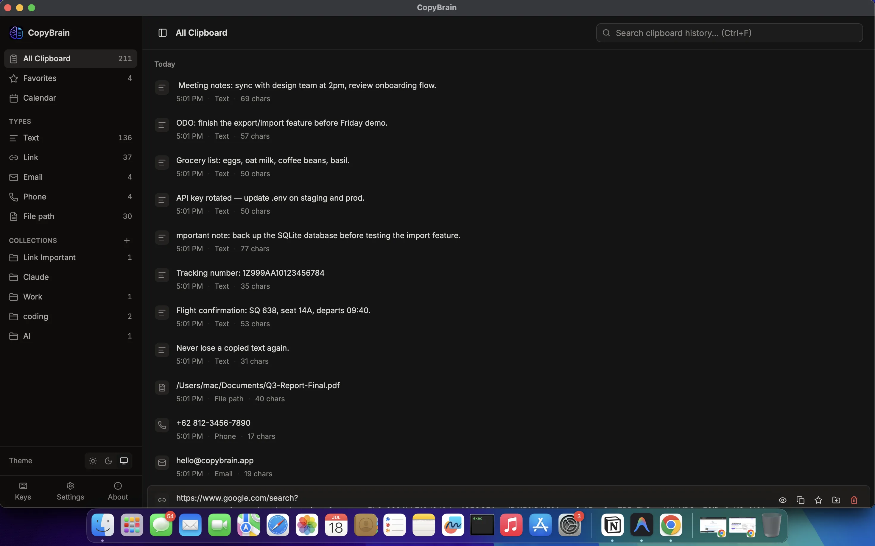 CopyBrain clipboard timeline on macOS
